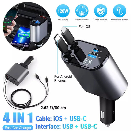 4-in-1 Retractable Fast Charging Cable for iPhone & Android - Car Compatible